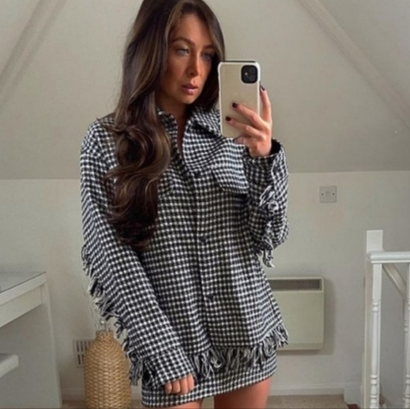 EUC Zara Black-White Houndstooth Shacket, Fringe Detail. Heavyweight - Picture 4 of 13